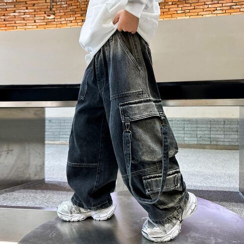 Boys Cargo Jeans Kids Elastic Waisted Stretchy Wide Leg Y2k Denim Pants with Pockets Youth Vintage Baggy Hip Hop Streetwear in Saudi Arabia