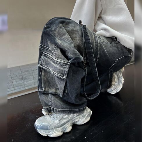 Boys Cargo Jeans Kids Elastic Waisted Stretchy Wide Leg Y2k Denim Pants with Pockets Youth Vintage Baggy Hip Hop Streetwear in Saudi Arabia