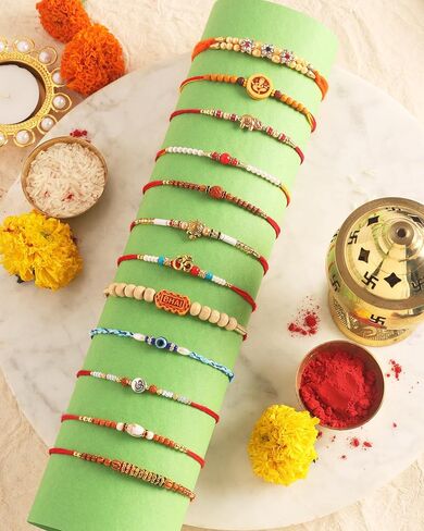 Set of 12 Rakhi for Brother Bhaiya Designer Multicolor Beads Rakhi AD Rakhi for Sister, Raksha Bandhan Rakhi for Brother Bhabhi Om Rudraksha Ganesha Rakhi for Brother in Kuwait