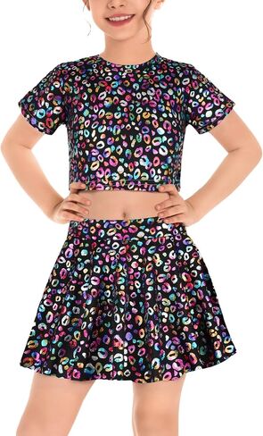 Happy Cherry Girls 2 Piece Sequin Crop Top and Skirt Set Full Prints Dot Shiny Disco Outfit Set 3-13Y in Saudi Arabia