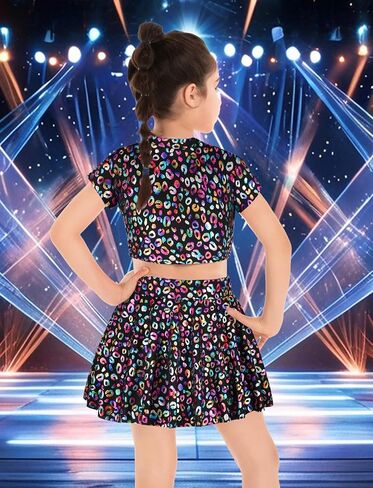 Happy Cherry Girls 2 Piece Sequin Crop Top and Skirt Set Full Prints Dot Shiny Disco Outfit Set 3-13Y in Saudi Arabia
