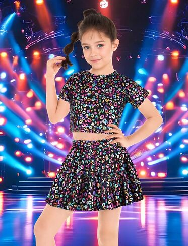Happy Cherry Girls 2 Piece Sequin Crop Top and Skirt Set Full Prints Dot Shiny Disco Outfit Set 3-13Y in Saudi Arabia