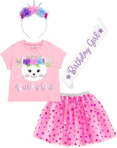 Birthday Girl Outfit - T-Shirt, Tulle Tutu Skirt, Headband & Satin Sash Set Toddler to Big Kid Sizes (2T - 10-12) in Kuwait