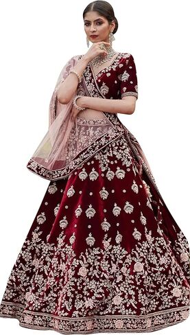 TRENDMALLS Women 's Maroon Velvet Embroidery Sequence Work Bridal Lehenga Choli with Dupatta For Women in Saudi Arabia