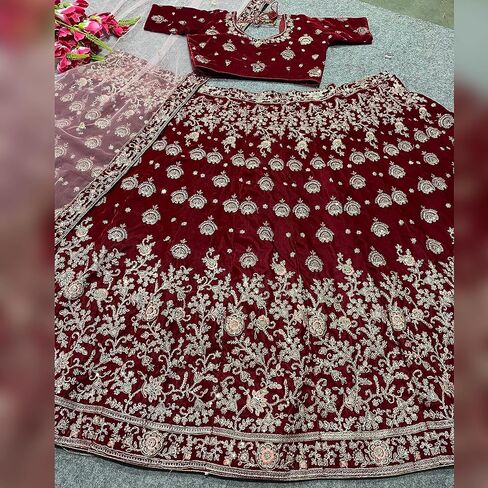 TRENDMALLS Women 's Maroon Velvet Embroidery Sequence Work Bridal Lehenga Choli with Dupatta For Women in Saudi Arabia