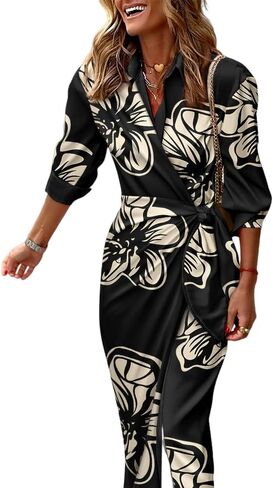 CHICME Women's Long Sleeve Midi Dress Casual Wrap Tied Detail Shirt Dresses Floral Print Fall Boho Long Dress in Saudi Arabia