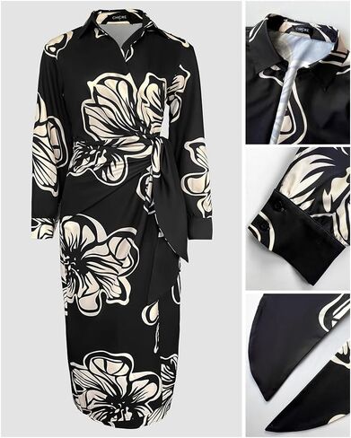 CHICME Women's Long Sleeve Midi Dress Casual Wrap Tied Detail Shirt Dresses Floral Print Fall Boho Long Dress in Saudi Arabia