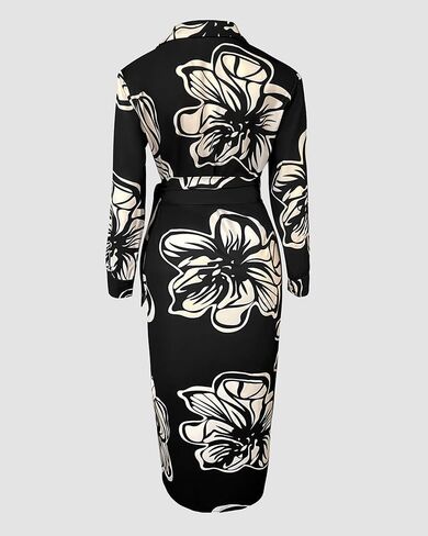 CHICME Women's Long Sleeve Midi Dress Casual Wrap Tied Detail Shirt Dresses Floral Print Fall Boho Long Dress in Saudi Arabia