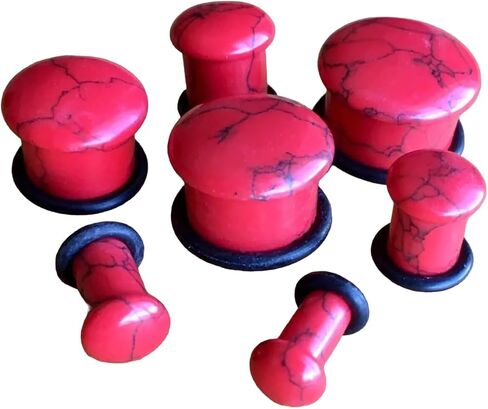 Pair of Beautiful Red Turquoise Single Flare Stone Plugs with O-RIngs - 4g Thru 5/8" Available - Body Jewelry in Saudi Arabia