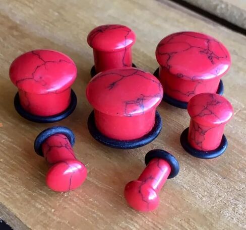 Pair of Beautiful Red Turquoise Single Flare Stone Plugs with O-RIngs - 4g Thru 5/8" Available - Body Jewelry in Saudi Arabia