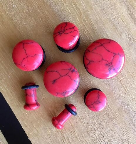 Pair of Beautiful Red Turquoise Single Flare Stone Plugs with O-RIngs - 4g Thru 5/8" Available - Body Jewelry in Saudi Arabia