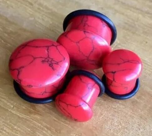 Pair of Beautiful Red Turquoise Single Flare Stone Plugs with O-RIngs - 4g Thru 5/8" Available - Body Jewelry in Saudi Arabia