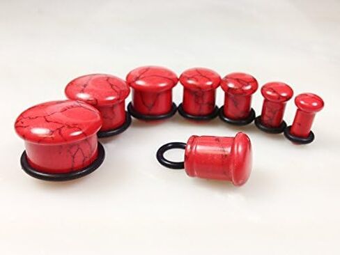 Pair of Beautiful Red Turquoise Single Flare Stone Plugs with O-RIngs - 4g Thru 5/8" Available - Body Jewelry in Saudi Arabia