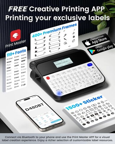 Label Maker D480BT-Bluetooth Rechargeable Label Maker Machine with Tape，QWERTY Keyboard，Backlit Screen| Connect PC & Smartphone| Create with BZ Label Tapes up to~3/4inch，Idea for Home&Office in Saudi Arabia