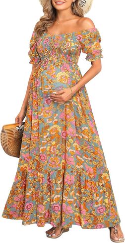 Maternity Dress Baby Shower - 2025 Photoshoot Pregnancy Summer Floral Maxi Off Shoulder Casual Dress in Saudi Arabia