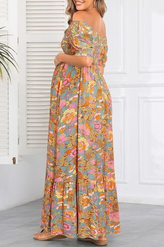 Maternity Dress Baby Shower - 2025 Photoshoot Pregnancy Summer Floral Maxi Off Shoulder Casual Dress in Saudi Arabia