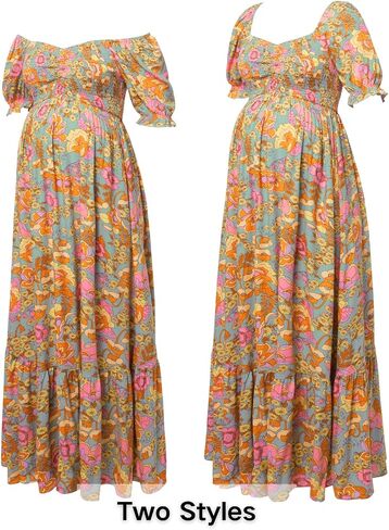 Maternity Dress Baby Shower - 2025 Photoshoot Pregnancy Summer Floral Maxi Off Shoulder Casual Dress in Saudi Arabia
