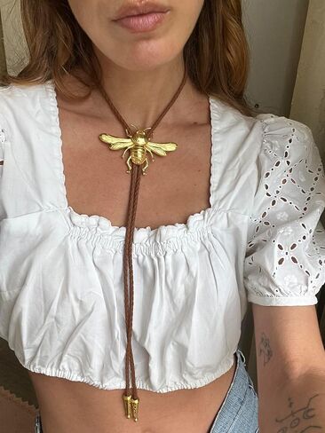 Daisy Del Sol Insect Bug Bee Bolo Tie Braided Vegan Faux Leather Gold Plated Handmade Necklace Adjustable Western Jewelry in Kuwait