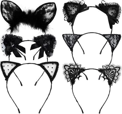 6 Pcs Lace Cat Ears Headbands, Black Lace Headwear Hair Band Party Decoration Cosplay for Women in Saudi Arabia