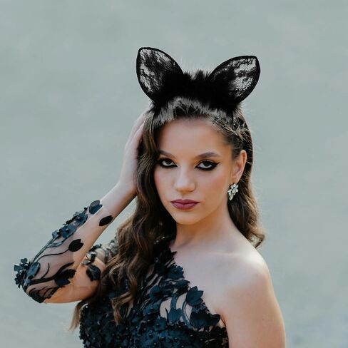 6 Pcs Lace Cat Ears Headbands, Black Lace Headwear Hair Band Party Decoration Cosplay for Women in Saudi Arabia