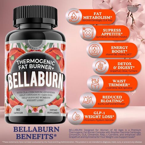 Bellaburn - Thermogenic Fat Burner w. CLA, Weight Loss Pills for Women, Garcinia, Gymnema, Chromium, Cinnamon, Flat Tummy, Belly, Waist Trimmer, Bloating, Diet Pills, Appetite Suppressant, 90cps USA in Saudi Arabia
