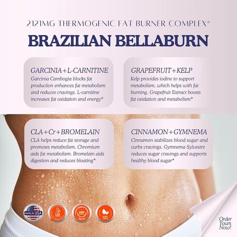 Bellaburn - Thermogenic Fat Burner w. CLA, Weight Loss Pills for Women, Garcinia, Gymnema, Chromium, Cinnamon, Flat Tummy, Belly, Waist Trimmer, Bloating, Diet Pills, Appetite Suppressant, 90cps USA in Saudi Arabia
