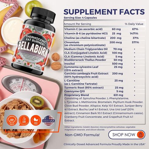 Bellaburn - Thermogenic Fat Burner w. CLA, Weight Loss Pills for Women, Garcinia, Gymnema, Chromium, Cinnamon, Flat Tummy, Belly, Waist Trimmer, Bloating, Diet Pills, Appetite Suppressant, 90cps USA in Saudi Arabia