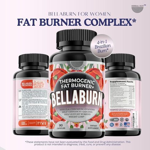 Bellaburn - Thermogenic Fat Burner w. CLA, Weight Loss Pills for Women, Garcinia, Gymnema, Chromium, Cinnamon, Flat Tummy, Belly, Waist Trimmer, Bloating, Diet Pills, Appetite Suppressant, 90cps USA in Saudi Arabia
