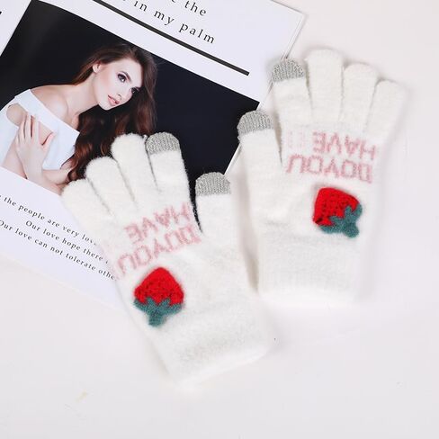 SMED Strawberry touch screen warm and cold-proof cycling cute girl plush wool knitted five-finger touch gloves in Saudi Arabia