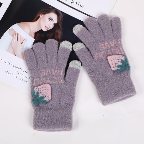 SMED Strawberry touch screen warm and cold-proof cycling cute girl plush wool knitted five-finger touch gloves in Saudi Arabia