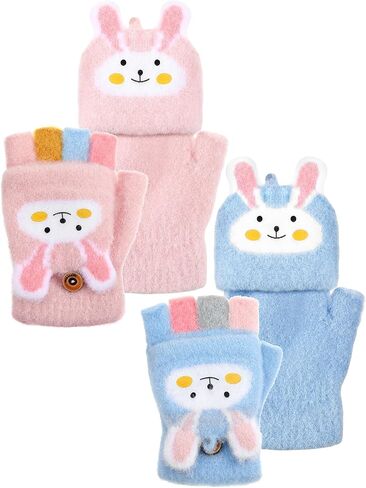 SATINIOR 2 Pairs Winter Kids Fingerless Gloves Toddler Finger Mittens Knit Convertible Half Finger Mitten Flap Aged 3-10(Blue, Light Pink,Rabbit) in Saudi Arabia