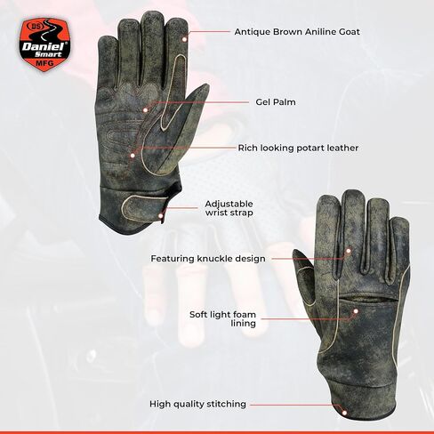 Daniel Smart Leather Gloves – Aniline Goat Leather Motorcycle Gloves with Cut Out Knuckle, Gel Palm and Wrist Strap in Kuwait