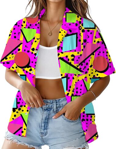 HUGLAZY 80s 90s الزي للنساء النيون حفلة الزي 80s قمصان هاواي الأزهار الاستوائية قمصان الصيف in Kuwait