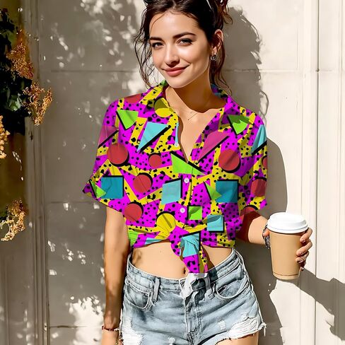 HUGLAZY 80s 90s الزي للنساء النيون حفلة الزي 80s قمصان هاواي الأزهار الاستوائية قمصان الصيف in Kuwait