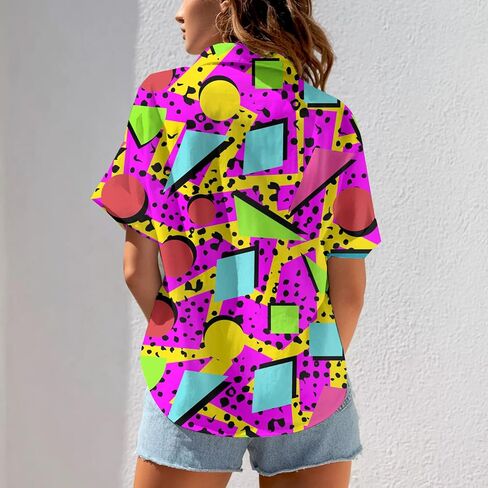 HUGLAZY 80s 90s الزي للنساء النيون حفلة الزي 80s قمصان هاواي الأزهار الاستوائية قمصان الصيف in Kuwait