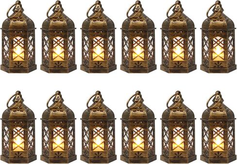 LLQ Mini Lantern with LED Candle, 12PCS Small Lanterns Decorative Indoor, Vintage Moroccan Lights for Halloween Decorations, Hanging Ornaments for Christmas, Table Centerpiece, Boho Wedding Decor in Kuwait