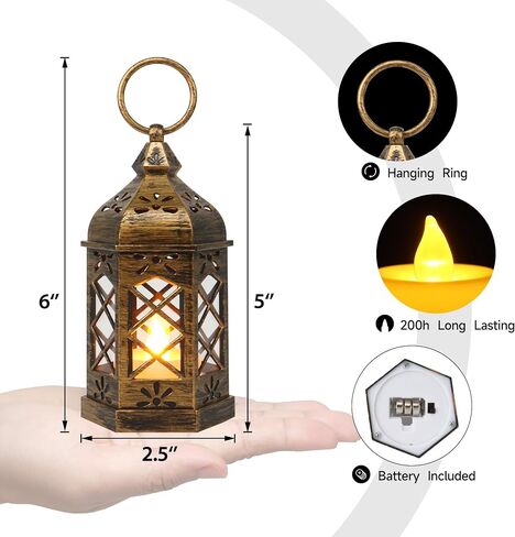 LLQ Mini Lantern with LED Candle, 12PCS Small Lanterns Decorative Indoor, Vintage Moroccan Lights for Halloween Decorations, Hanging Ornaments for Christmas, Table Centerpiece, Boho Wedding Decor in Kuwait