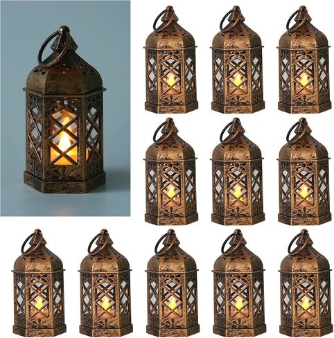 LLQ Mini Lantern with LED Candle, 12PCS Small Lanterns Decorative Indoor, Vintage Moroccan Lights for Halloween Decorations, Hanging Ornaments for Christmas, Table Centerpiece, Boho Wedding Decor in Kuwait