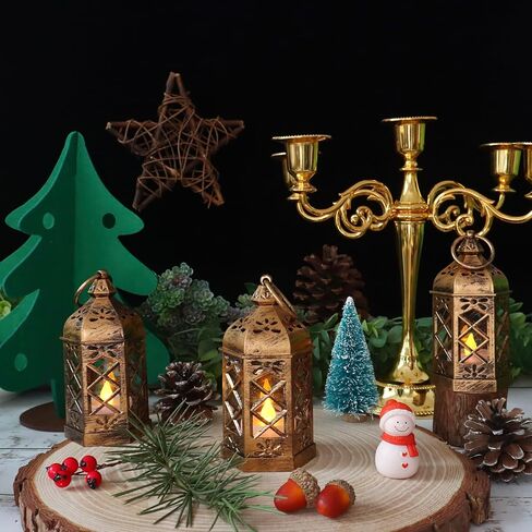 LLQ Mini Lantern مع شمعة LED ، 12 مساءً الفوانيس الصغيرة الزخرفية ، الأضواء المغربية القديمة لزخارف الهالوين ، الحلي المعلقة لعيد الميلاد ، مركزية مركزية ، بوهو ديكور الزفاف in Kuwait