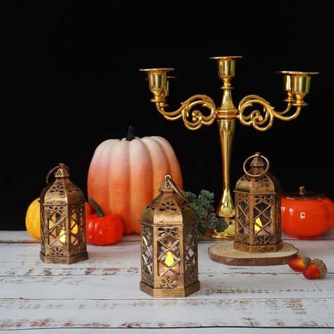 LLQ Mini Lantern with LED Candle, 12PCS Small Lanterns Decorative Indoor, Vintage Moroccan Lights for Halloween Decorations, Hanging Ornaments for Christmas, Table Centerpiece, Boho Wedding Decor in Kuwait