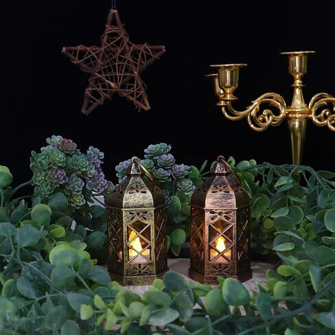 LLQ Mini Lantern with LED Candle, 12PCS Small Lanterns Decorative Indoor, Vintage Moroccan Lights for Halloween Decorations, Hanging Ornaments for Christmas, Table Centerpiece, Boho Wedding Decor in Kuwait