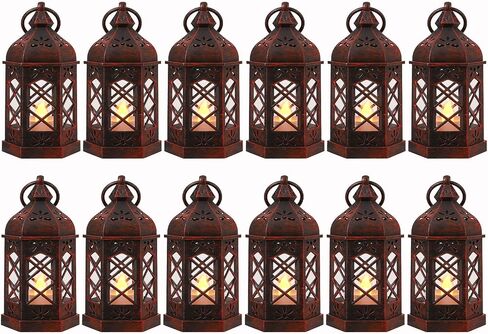 LLQ Mini Lantern with LED Candle, 12PCS Small Lanterns Decorative Indoor, Vintage Moroccan Lights for Halloween Decorations, Hanging Ornaments for Christmas, Table Centerpiece, Boho Wedding Decor in Kuwait