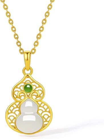 24K Gold Pendant Jade Gourd Charms Good Luck Jewelry Feng Shui Charm Natural White Jadeite Pendants Fortune Hetian Gemstone Wealth Healing Stone Protection Bead Lifetime Solid Gold Gifts for Women Men in Saudi Arabia