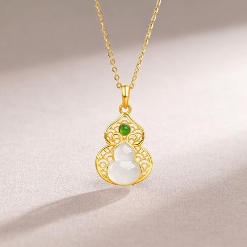 24K Gold Pendant Jade Gourd Charms Good Luck Jewelry Feng Shui Charm Natural White Jadeite Pendants Fortune Hetian Gemstone Wealth Healing Stone Protection Bead Lifetime Solid Gold Gifts for Women Men in Saudi Arabia