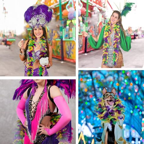 Dohia Mardi Gras Feather Boa 5.9Ft / 70 Inch Long Colorful Boas Yellow Purple Green Feather Boa Mardi Gras Party Decor Dress up Costume Accessories D1-KHJMT in Saudi Arabia