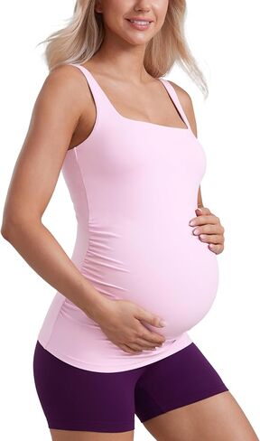 Crz Yoga Butterluxe Womens Square Devin Dear Tops Ruched Rucheveless Pregnancy Yoga Tee Shirt مع بنيت في حمالة صدر in Kuwait