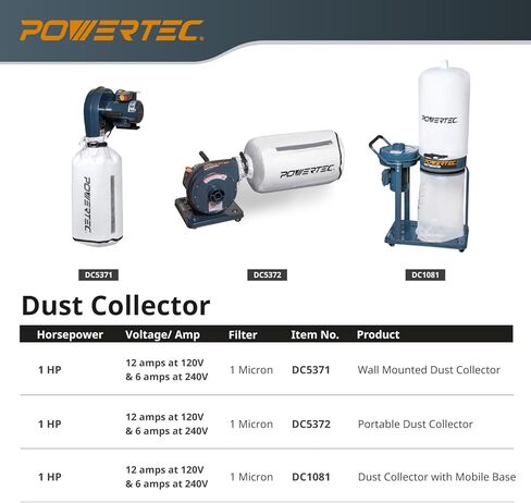 POWERTEC DC5371C Wall Mounted 1 HP, 560 CFM Dust Collector with 1 Micron Dust Collector Filter Bag and 1pc Extra Replacement Dust Filter Bag, Dust Collectors for Woodworking Dust Collection System in Saudi Arabia