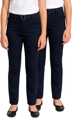 Girls' School Uniform Pants - 2 Pack Stretch Twill Khaki Chino Pants: Skinny, Boot Cut Flare, Jegging, Belt (4-16) in Kuwait