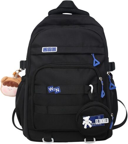 حقيبة الظهر Kawaii مع إكسسوارات لطيفة قلادة حقيبة سفر سفر كبيرة في الهواء الطلق مقاومة للماء Daypack (أسود) in Kuwait