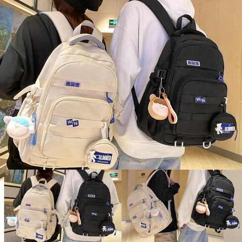 حقيبة الظهر Kawaii مع إكسسوارات لطيفة قلادة حقيبة سفر سفر كبيرة في الهواء الطلق مقاومة للماء Daypack (أسود) in Kuwait